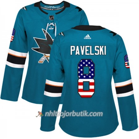 Dame Ishockey San Jose Sharks Tröja Joe Pavelski 8 Adidas 2017-2018 Teal USA Flag Fashion Authentic